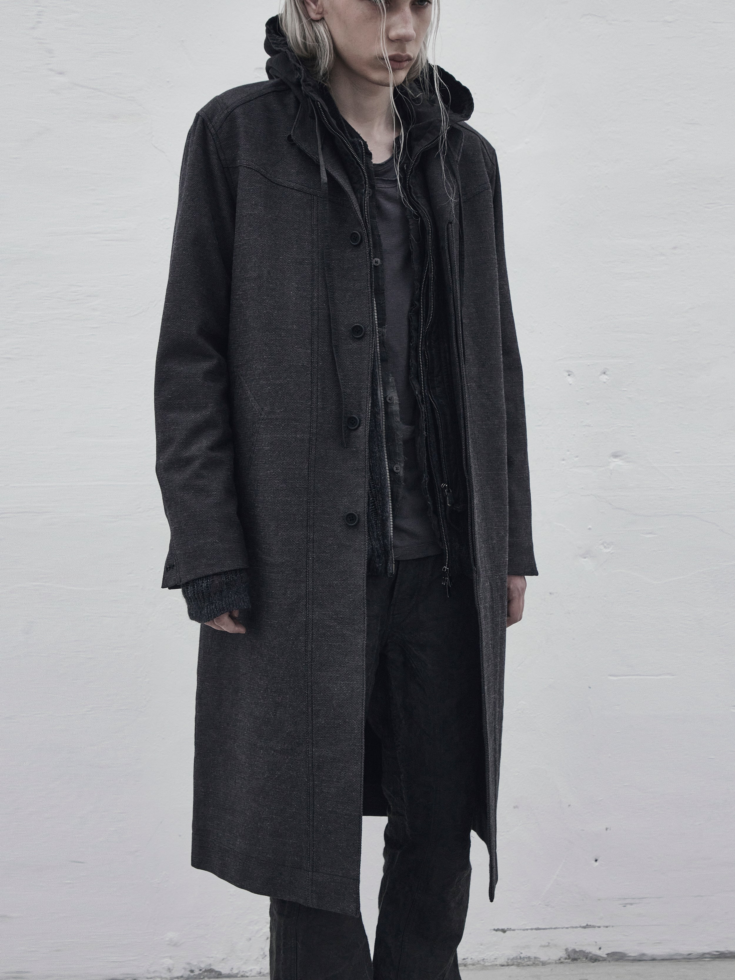 collarless coat / slub grey