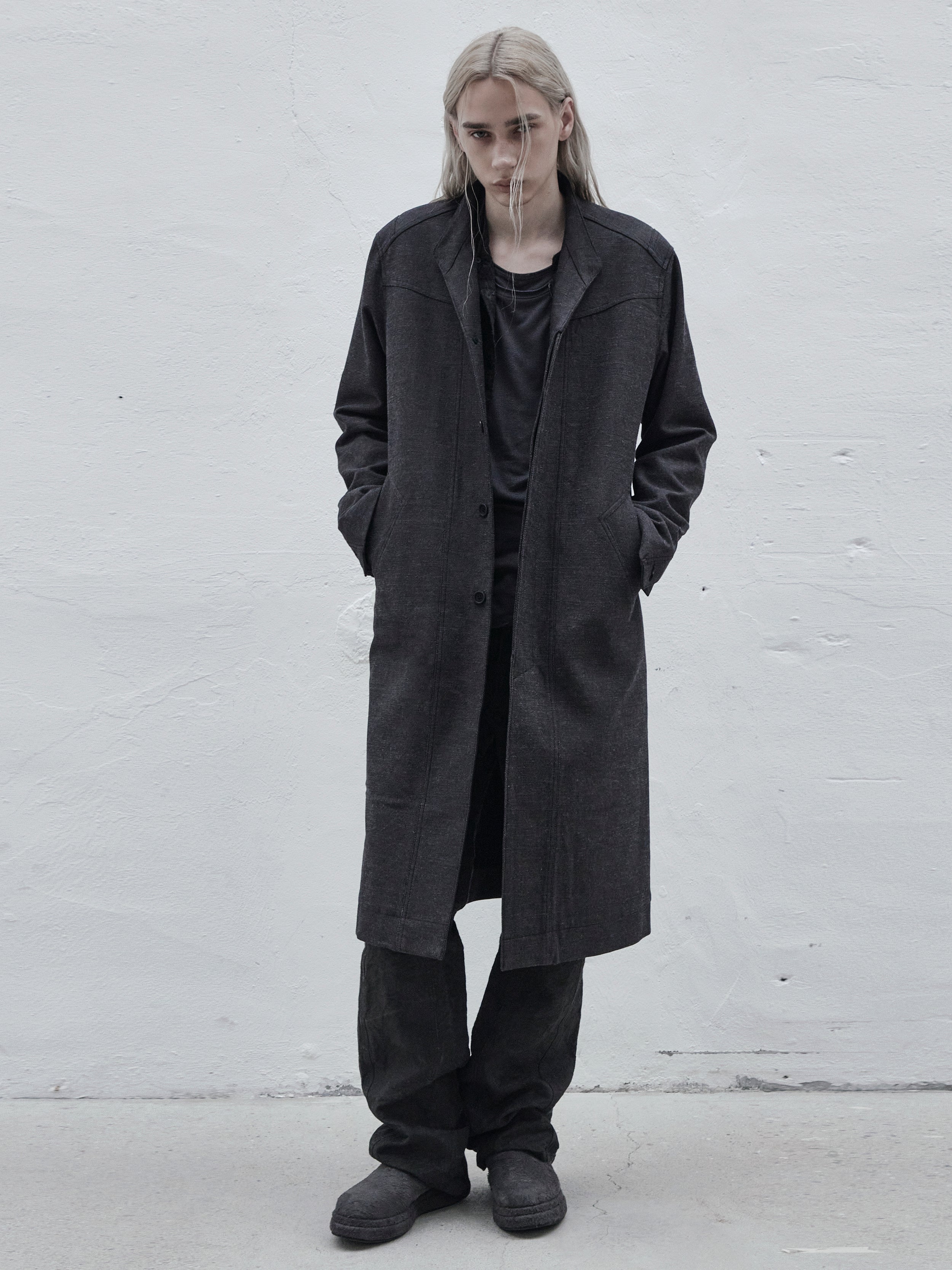collarless coat / slub grey