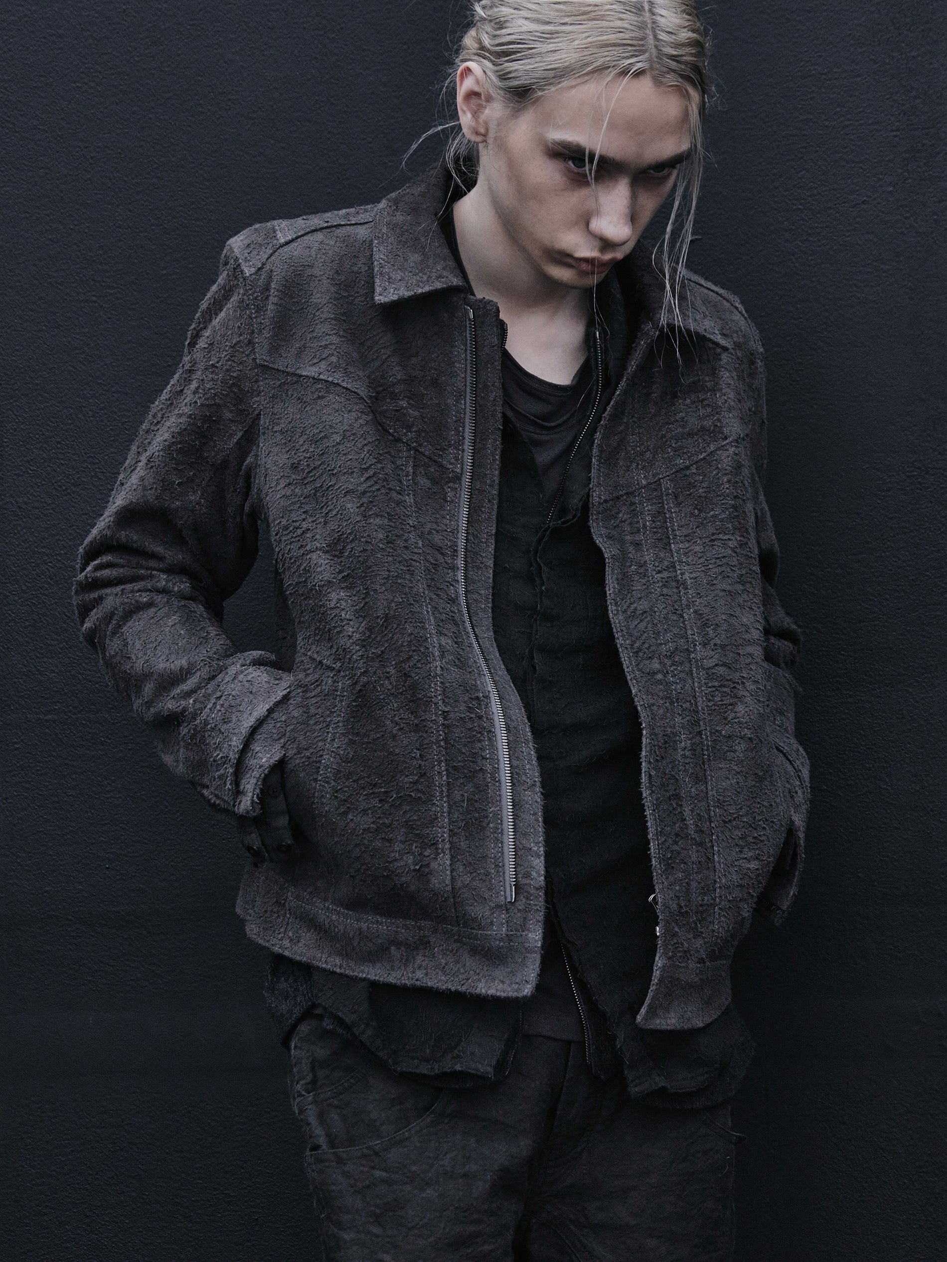 double sleeve leather blouson / grey