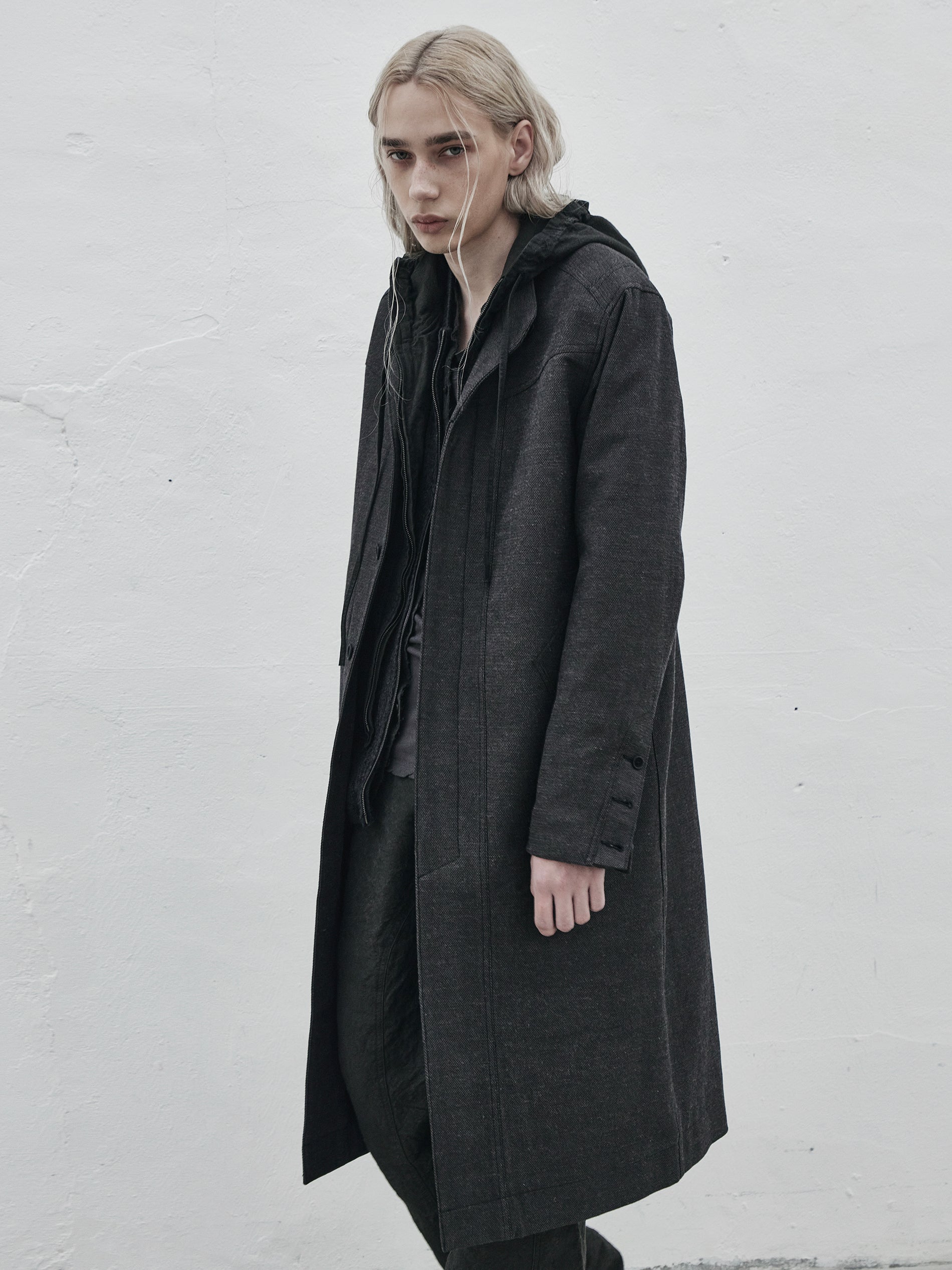 collarless coat / slub grey