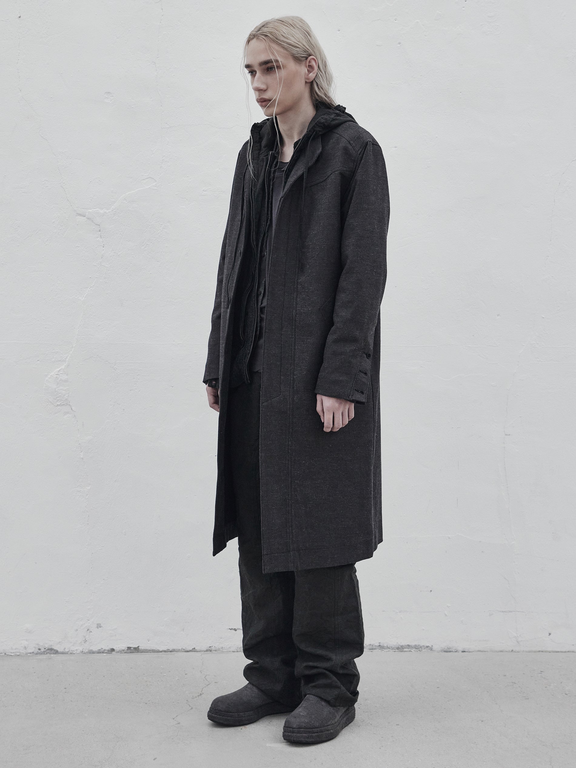 collarless coat / slub grey
