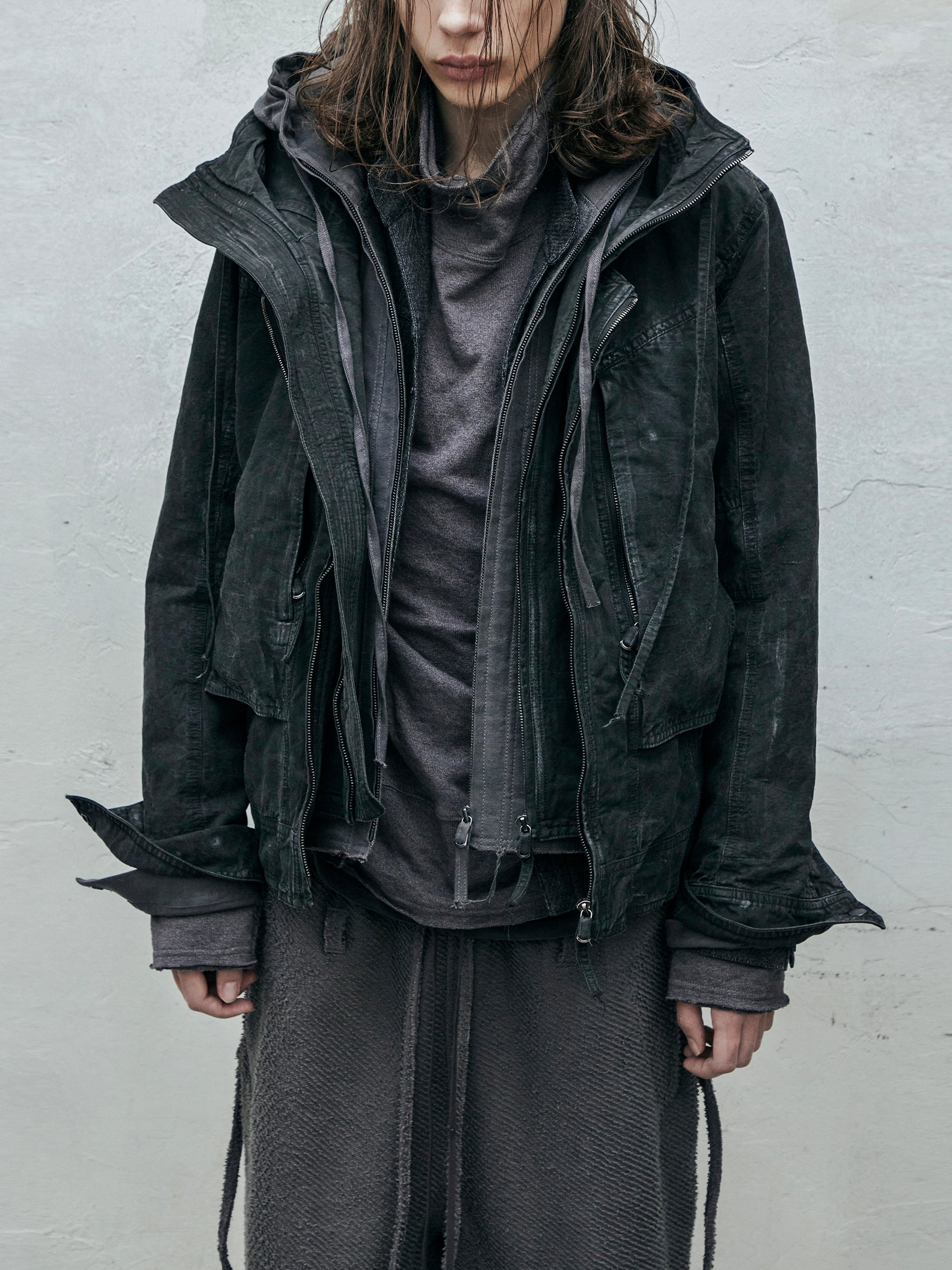 double front hood parka / slab grey