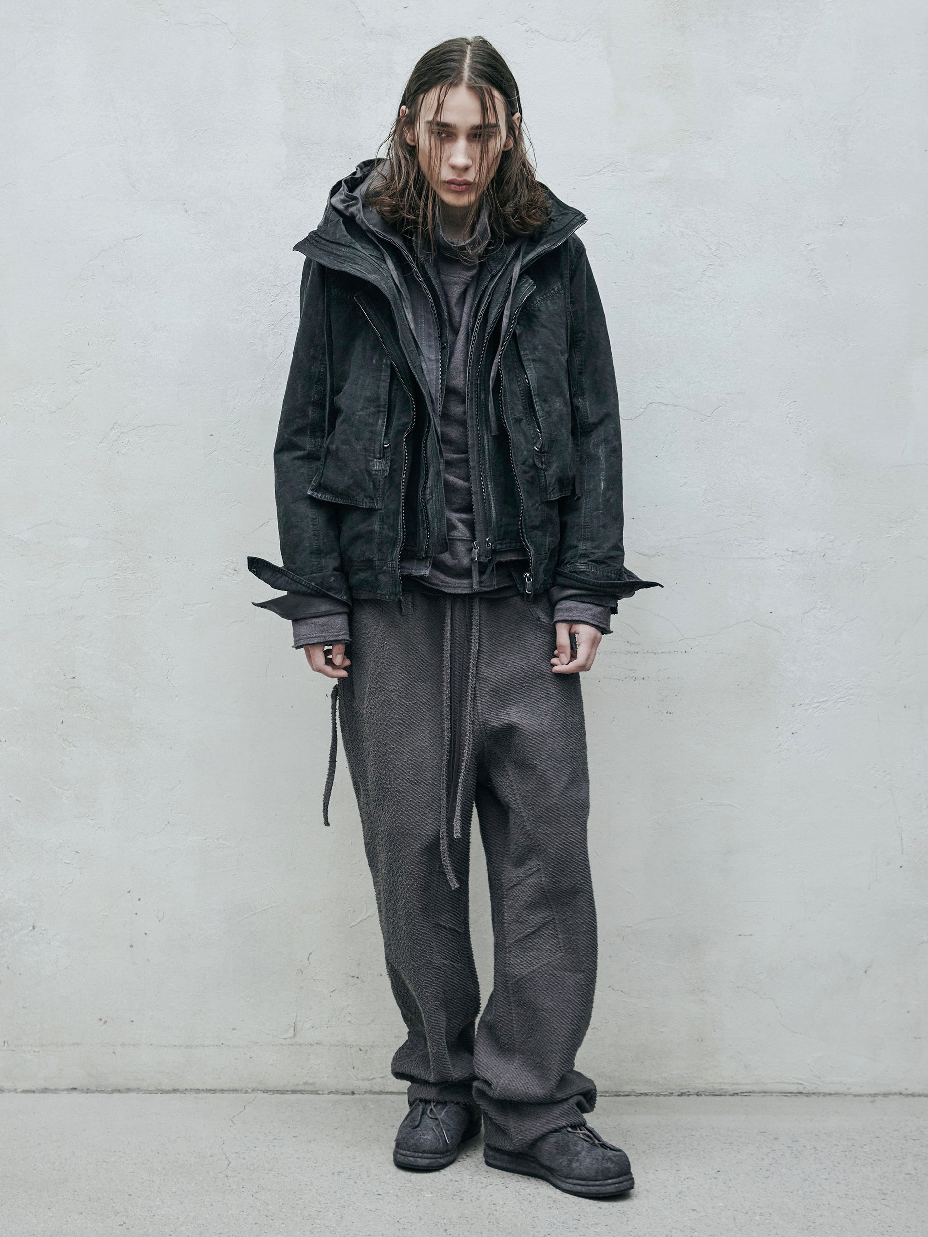 double front hood parka / slab grey