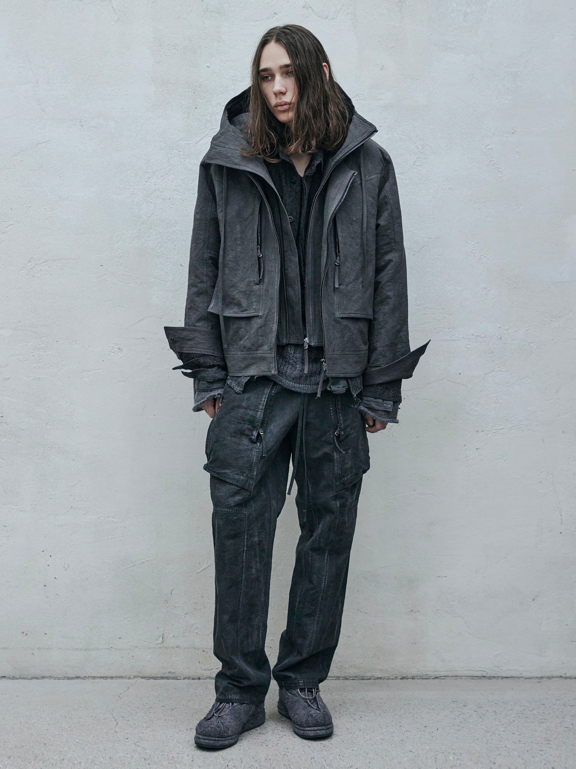 double front hood parka / slab khaki