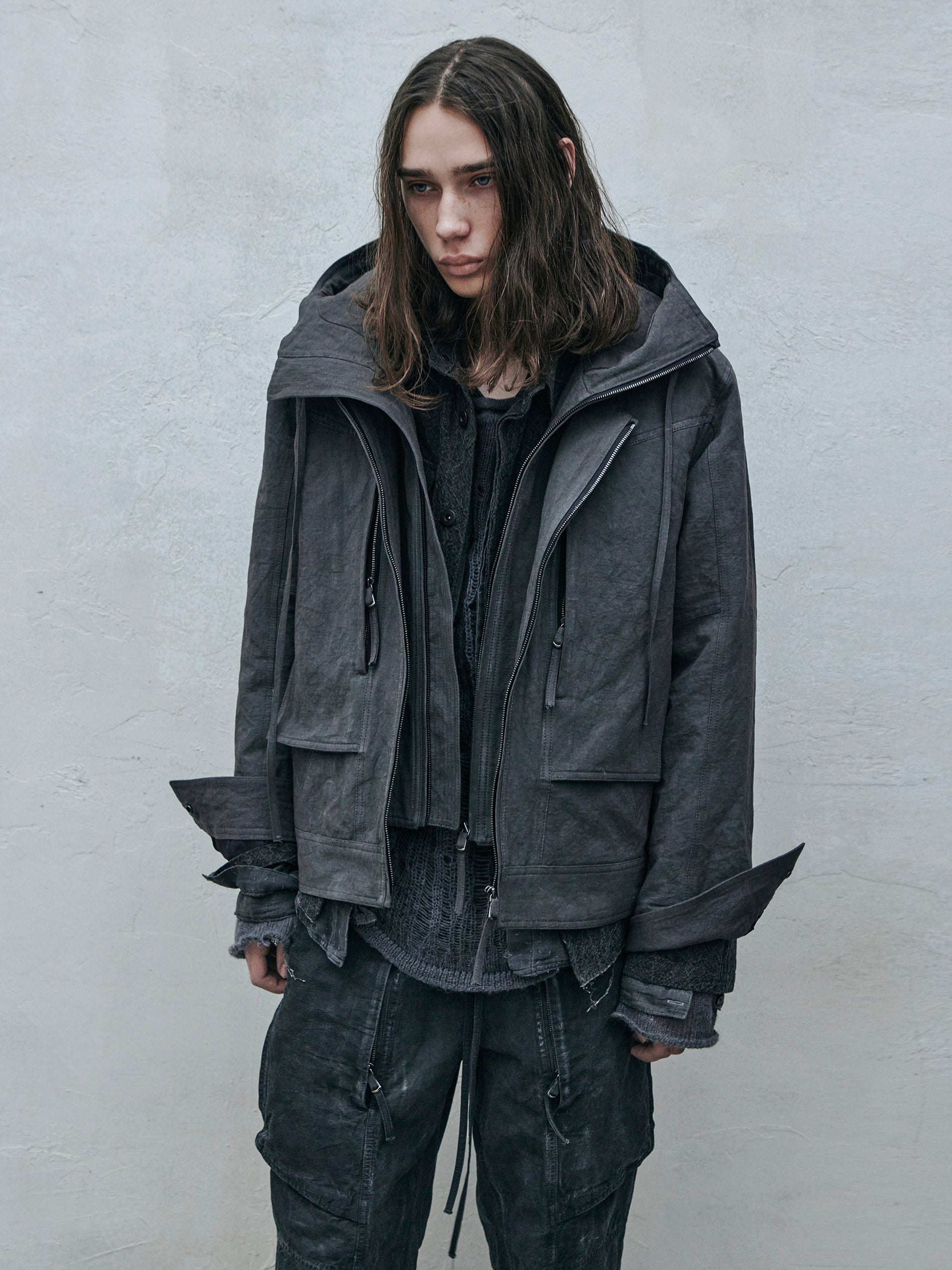 double front hood parka / slab khaki