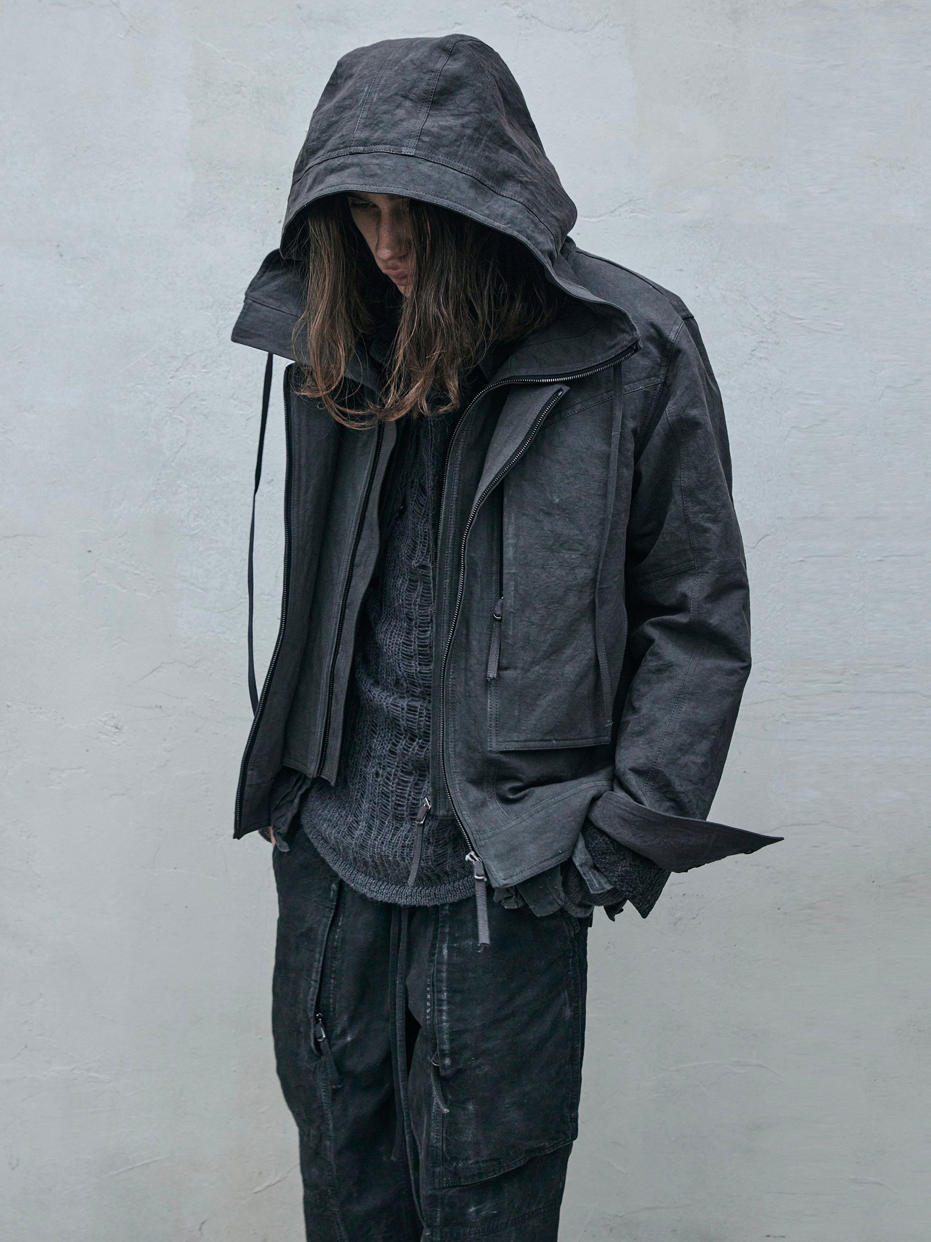 double front hood parka / slab khaki
