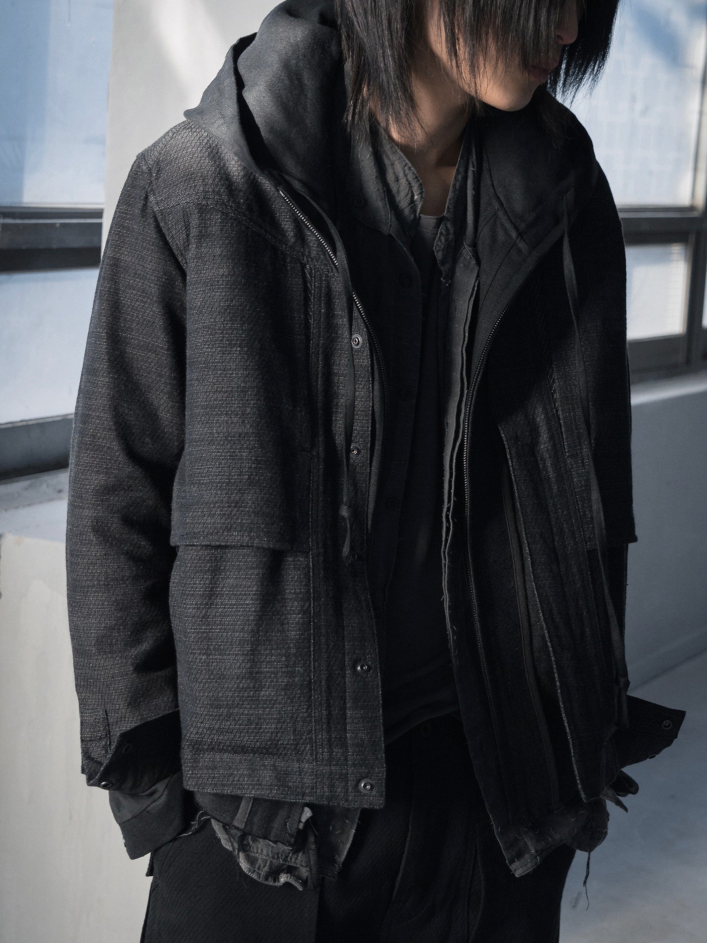 collarless jacket / carbon